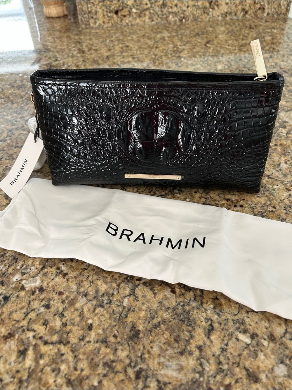 Brahmin Kayla Black Melbourne Croc-Embossed Leather Wristlet with Gold Hardware